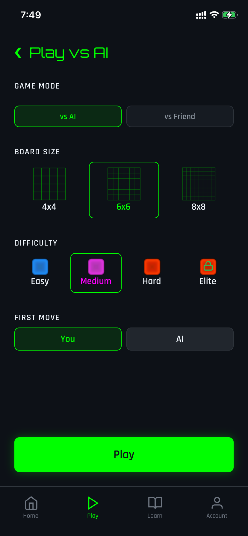 Game setup screen with AI difficulty and board size options