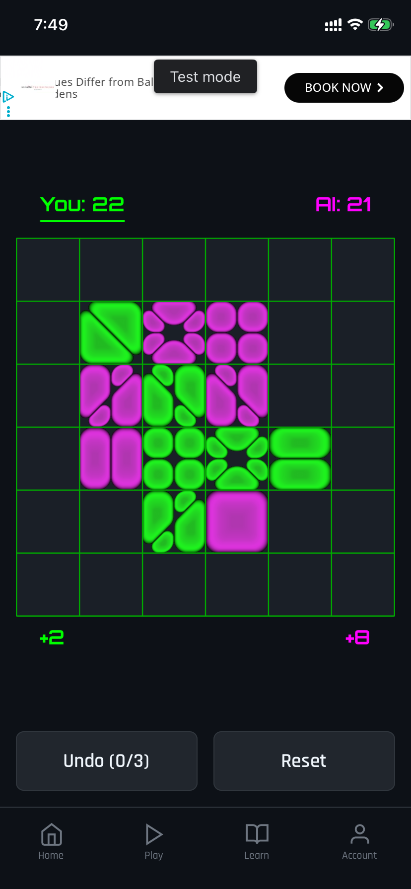 Mid-game board showing cells placed across the grid