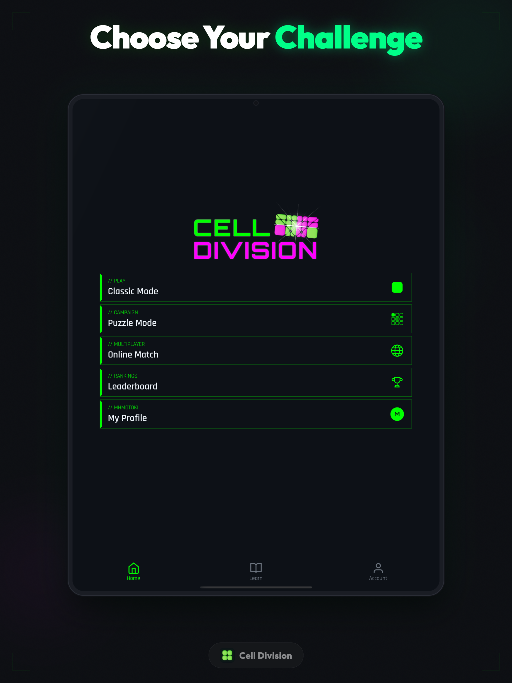 Cell Division home screen on iPad